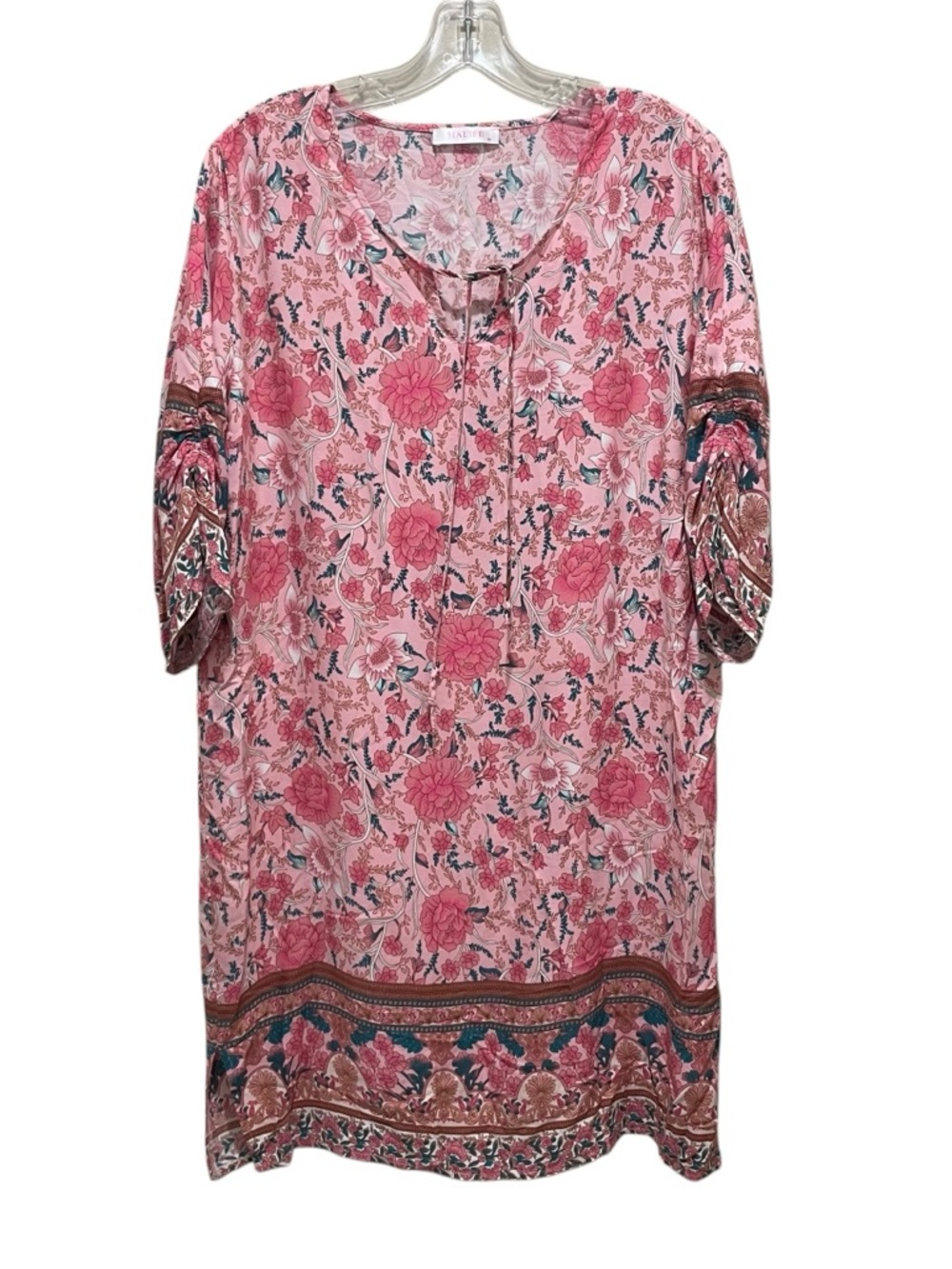 Halife Floral Boho Tunic Dress Pink Women Size Medium 3/4 Sleeve Knee Length